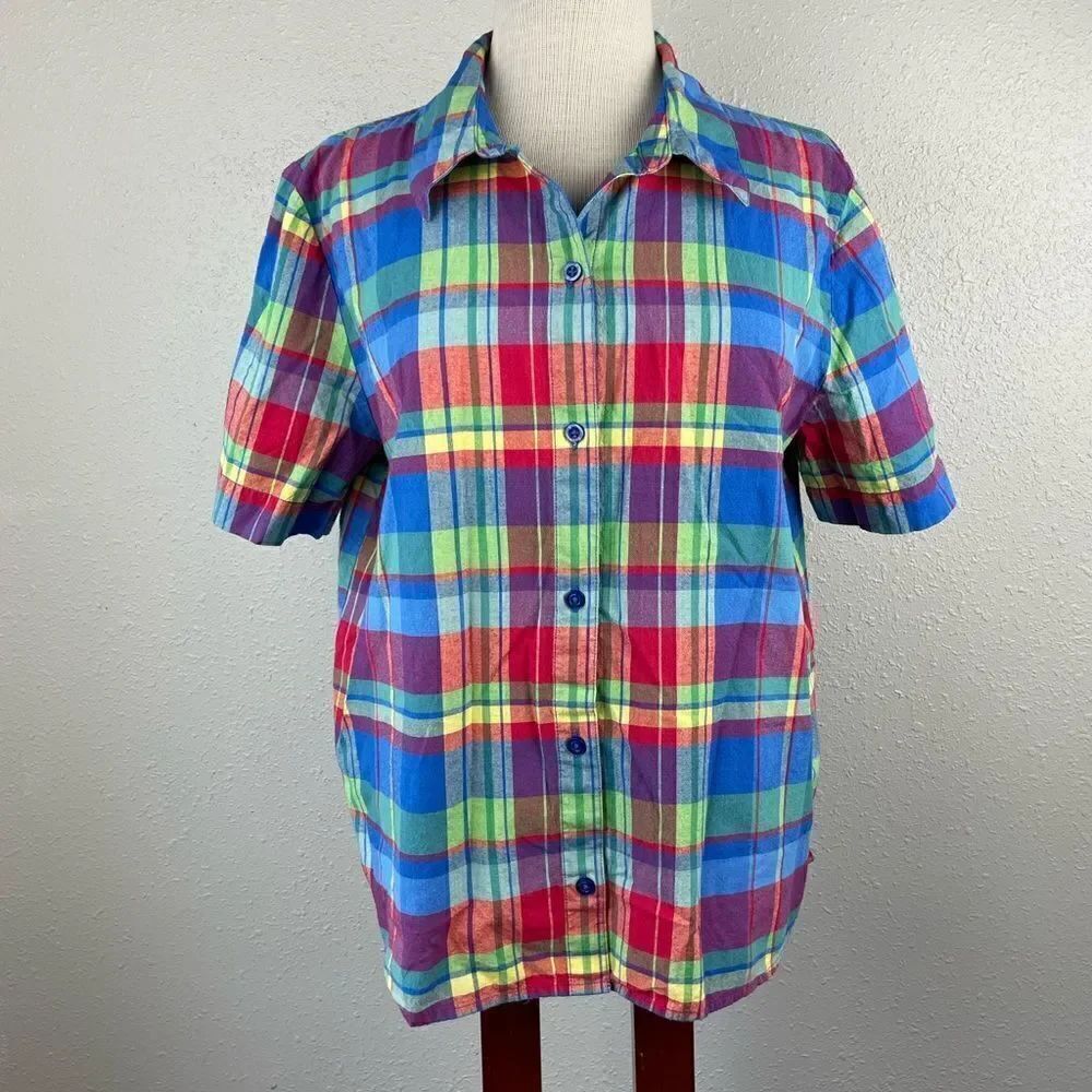 Appleseed’s Short Sleeve Plaid Button Down Shirt Size 16 EUC